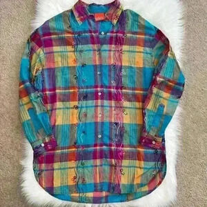 Liz & Co 90’s Rainbow Plaid Button Down with Wavy Floral Embroidery Small